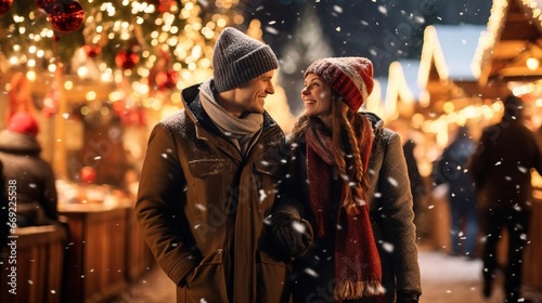Happy couple walking on the Christmas market at night, a beautiful scene of a Christmas couple. Created using Generative AI technology.