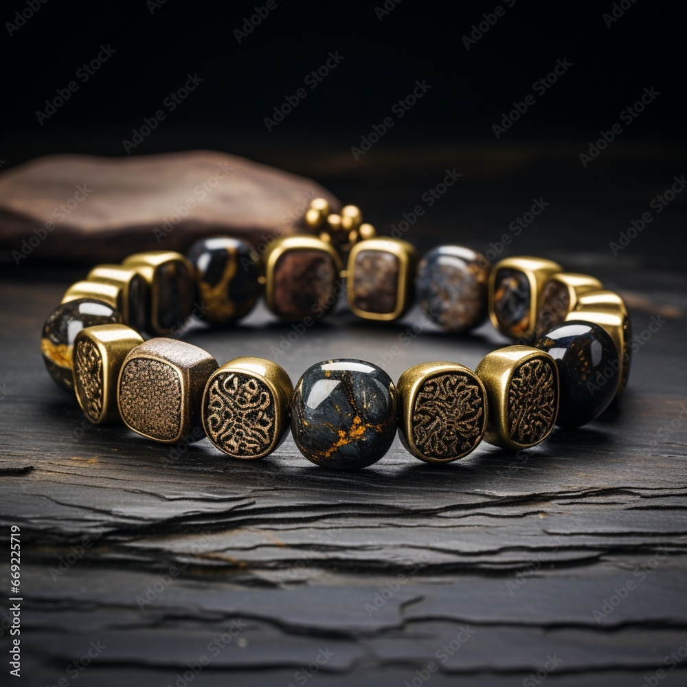 Bracelet made of natural stones on a black background Ai generated art Bracelet made of natural stones on a black background Ai generated art