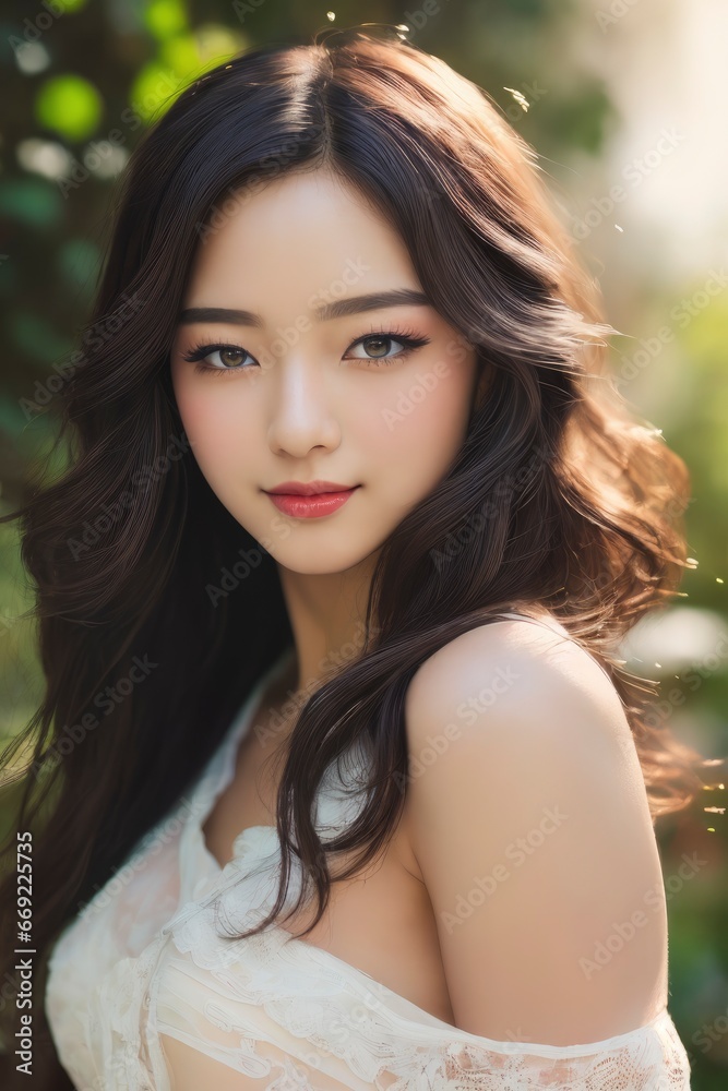 Happy young Korean Girl standing in front of a blooming Sakura tree, Closeup portrait of a cheerful young female Asian adult in wild nature Happy young Korean Girl standing in front of a blooming Sakura tree, Closeup portrait of a cheerful young female Asian adult in wild nature