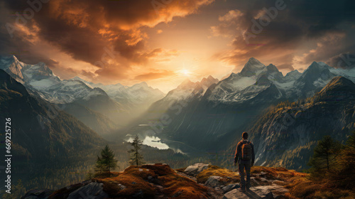 Hiker at the summit of a mountain overlooking a stunning view.