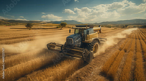 Powerful tractor advancing through wheat plantations at daylight