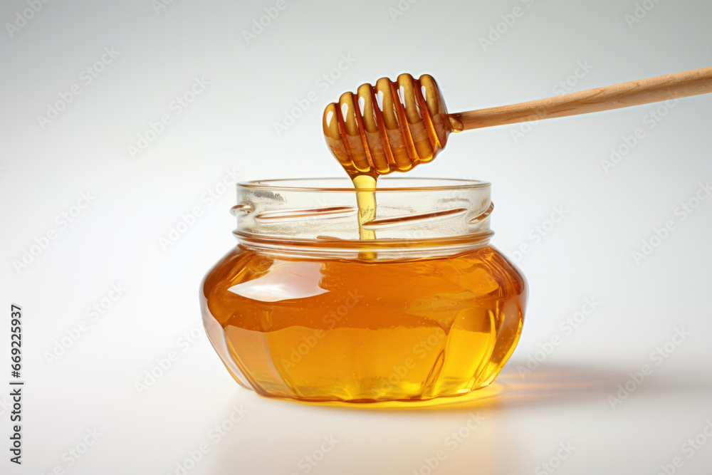 Glass jar full of honey and dipper on white background. Generative AI Glass jar full of honey and dipper on white background. Generative AI