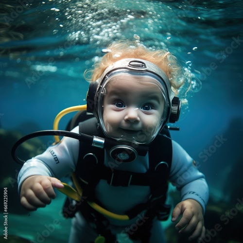 Baby with snorkel. Toddler scuba diver.