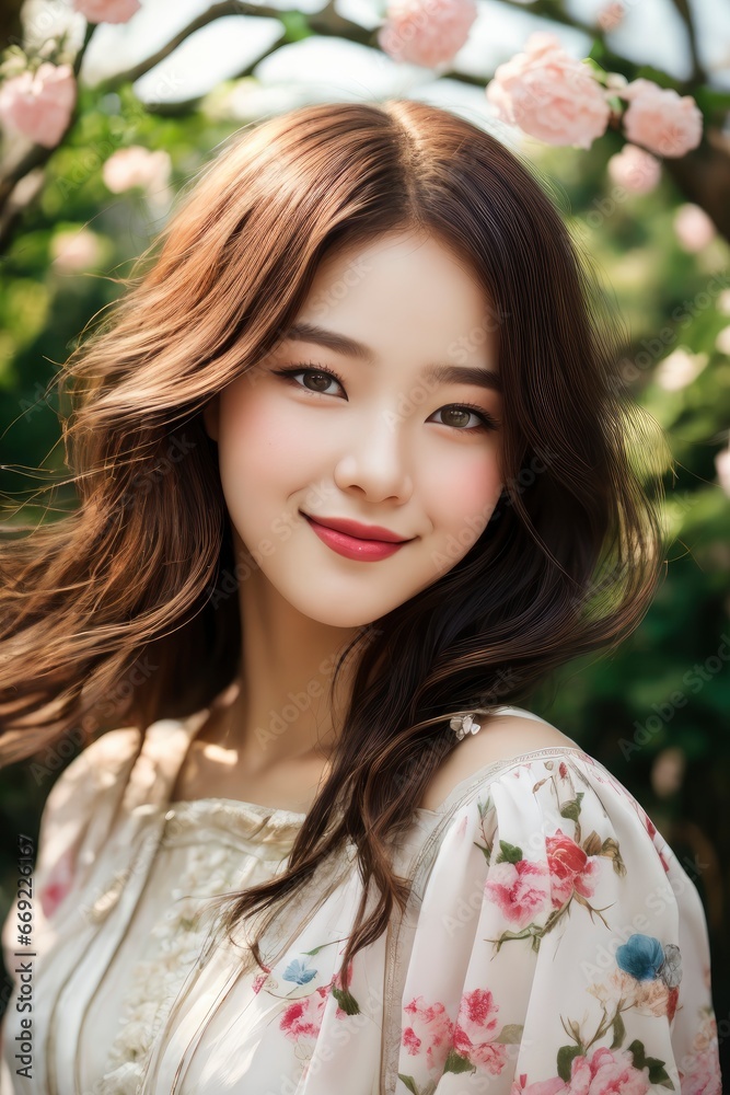 Happy young Korean Girl standing in front of a blooming Sakura tree, Closeup portrait of a cheerful young female Asian adult in wild nature Happy young Korean Girl standing in front of a blooming Sakura tree, Closeup portrait of a cheerful young female Asian adult in wild nature
