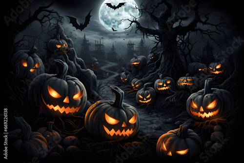 A dark night, a long path with only a large, terrifying pumpkin head. Halloween technology fun challenges background.Generative AI