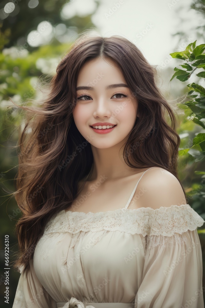 Happy young Korean Girl standing in front of a blooming Sakura tree, Closeup portrait of a cheerful young female Asian adult in wild nature Happy young Korean Girl standing in front of a blooming Sakura tree, Closeup portrait of a cheerful young female Asian adult in wild nature