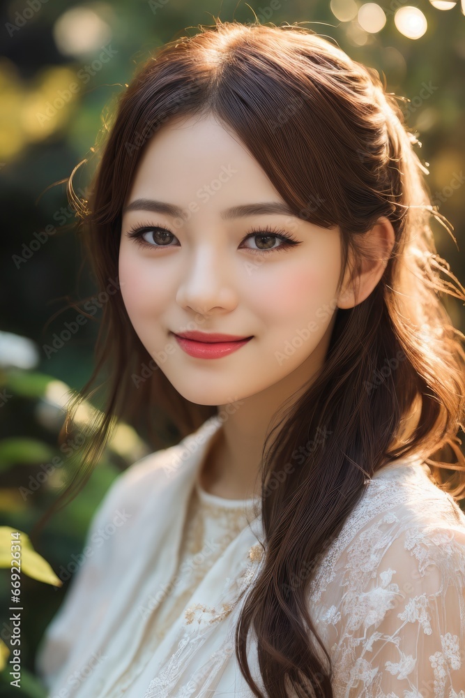 Happy young Korean Girl standing in front of a blooming Sakura tree, Closeup portrait of a cheerful young female Asian adult in wild nature Happy young Korean Girl standing in front of a blooming Sakura tree, Closeup portrait of a cheerful young female Asian adult in wild nature