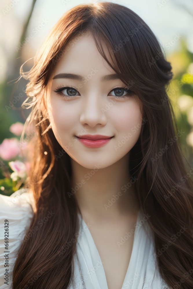 Happy young Korean Girl standing in front of a blooming Sakura tree, Closeup portrait of a cheerful young female Asian adult in wild nature Happy young Korean Girl standing in front of a blooming Sakura tree, Closeup portrait of a cheerful young female Asian adult in wild nature