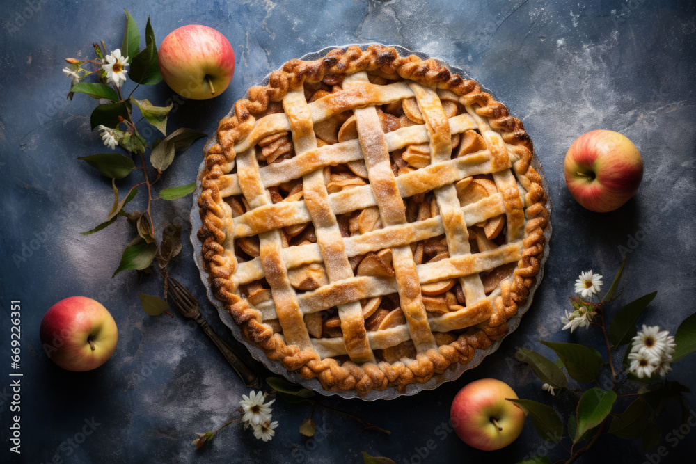 Homemade autumn apple pie. Still life with fresh apples. Generative AI Homemade autumn apple pie. Still life with fresh apples. Generative AI