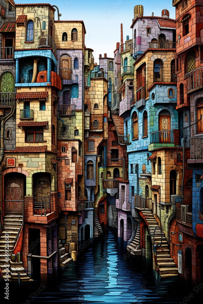 illustration of egyptian houses and buildings with lots of color