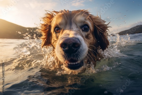 The expression of a dog while swimming in the water generative ai © Gilang