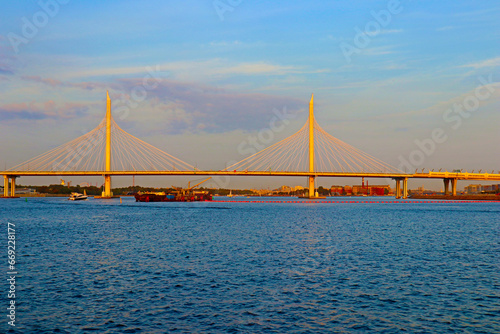 Cable-stayed bridge in St. Petersburg  Russia. A modern highway  Western High-Speed Diameter  passes over this bridge.