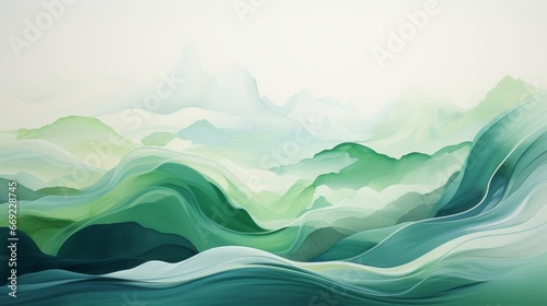 Abstract background with green waves and landscape painting