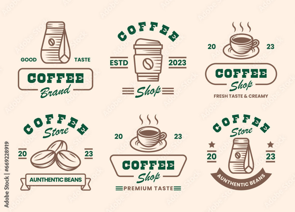 Coffee Shop Logos, Badges and Labels Design Elements set. Cup, coffee, cafe vintage style objects retro vector illustration bundle