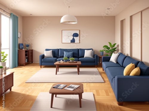 Interior of living room with blue sofa 3d render on wooden floor
