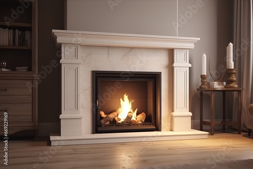 Closeup of stylish white fireplace in classic interior of living room