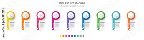 Vector business infographics template. Timeline with 9 circle, icon, arrow, steps, nine number options. Can be used for workflow layout, diagram, chart, banner, web design. Modern illustration photo