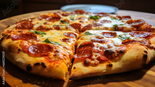 Beautiful tasty pizza with meat and cheese