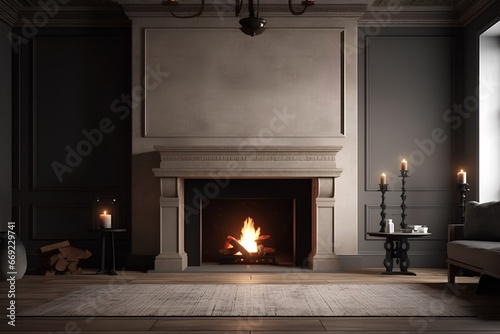 Classic interior of living room with fireplace. Front view of traditional fireplace.