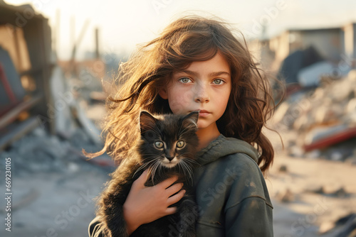Girl hugs a cat in destroyed city rubble. Survivors of bombing or earthquake disaster