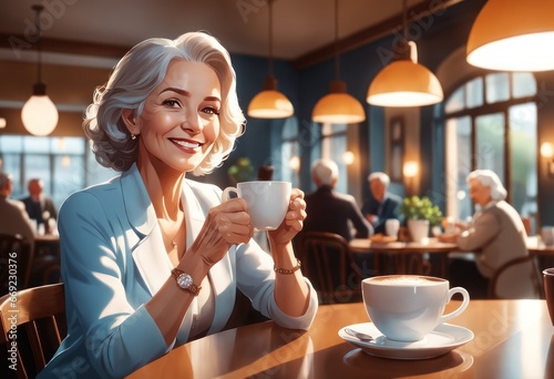 Portrait Senior white haired woman sitting at cafe table holding a coffee and milk glass, elderly lady in casual dress smiling positive. Elderly good looking woman drinking coffee photo