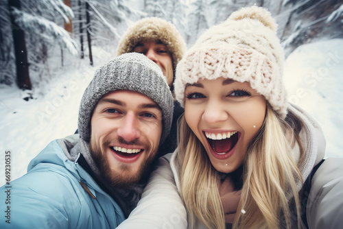 Happy friends having fun taking and selfie together outdoors in winter In forest