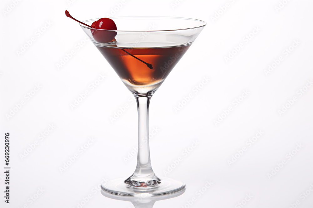 A triangular glass of a grimy Manhattan cocktail sits on a pale background. A triangular glass of a grimy Manhattan cocktail sits on a pale background.