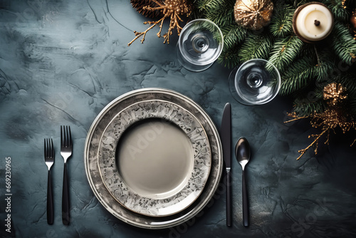 Christmas table setting with vintage festive tableware, gray and gold decor for Christmas celebration