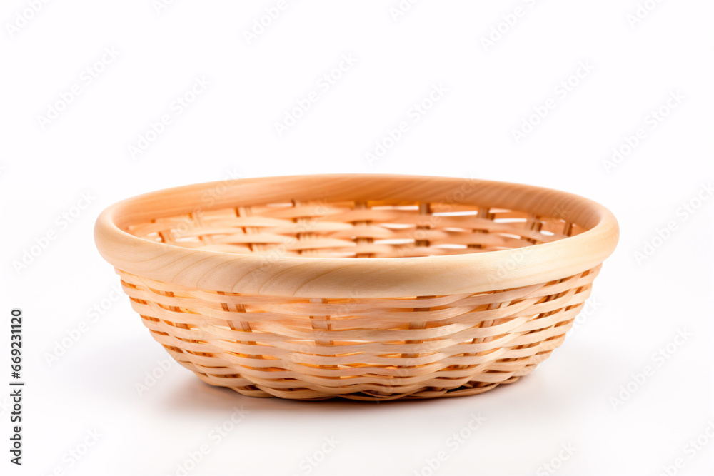A wooden basket with produce or bread, isolated on a white backdrop, is presented.