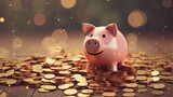 pink piggy bank with golden coins