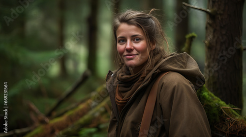 portrait of a woman in the woods, bushcrafting