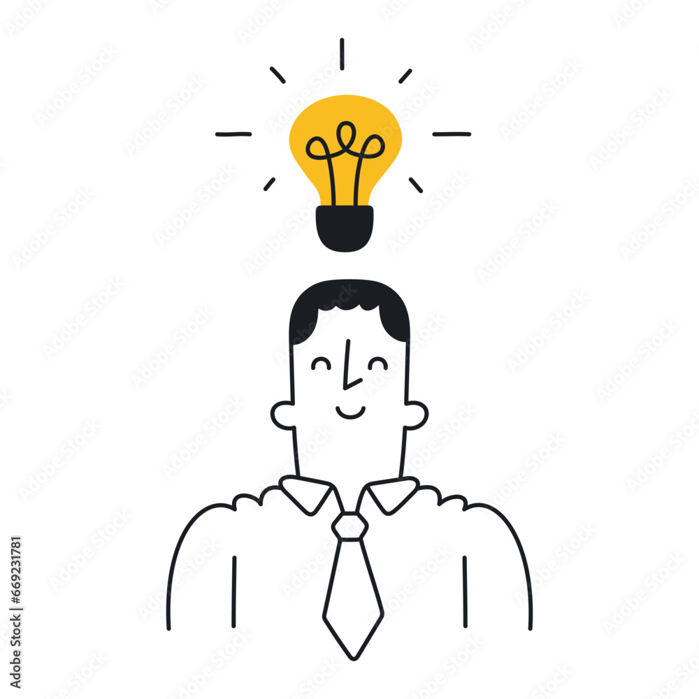 Businessman with a light bulb over his head. Outline, linear, thin line, doodle art. Simple style with editable stroke. Businessman with a light bulb over his head. Outline, linear, thin line, doodle art. Simple style with editable stroke.
