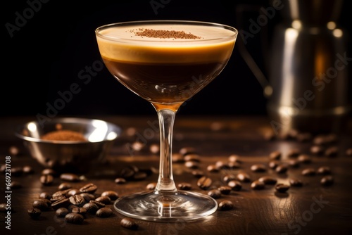 An elegant Espresso Martini cocktail garnished with coffee beans on a vintage wooden table