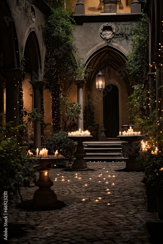 gothic looking courtyard with candles on Halloween night