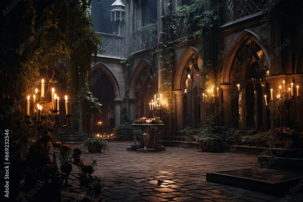 gothic looking courtyard with candles on Halloween night