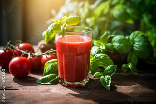 A Vibrant Glass of Tomato Basil Juice with Fresh Basil Garnish Basking in the Morning Sunlight