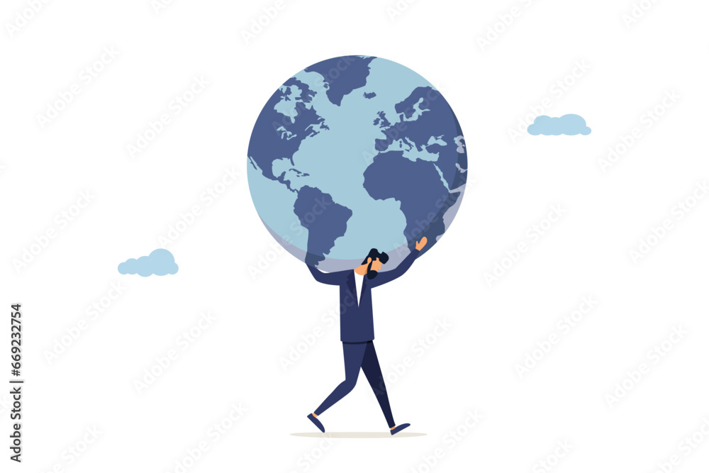 Businessman carrying a globe on his shoulder. Responsibility for climate change and global warming, a world leader's commitment to caring for our planet Earth concept Businessman carrying a globe on his shoulder. Responsibility for climate change and global warming, a world leader's commitment to caring for our planet Earth concept