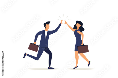 Employee partnership or community concept, successful businessman, fellow businessman giving high five for winning at celebration.Employee, employee of organization or company, team success or teamwor