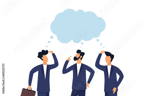 Thoughtful businessmen brainstorming with the same thought bubble. Thinking about the same idea, colleagues brainstorm with the same thought, think together about planning a business goal or concept f
