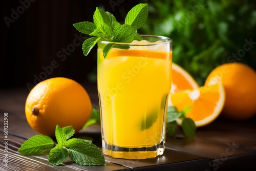 Sunlit scene of a cool glass of orange lemonade nestled among fresh citrus fruits on a vintage wooden table