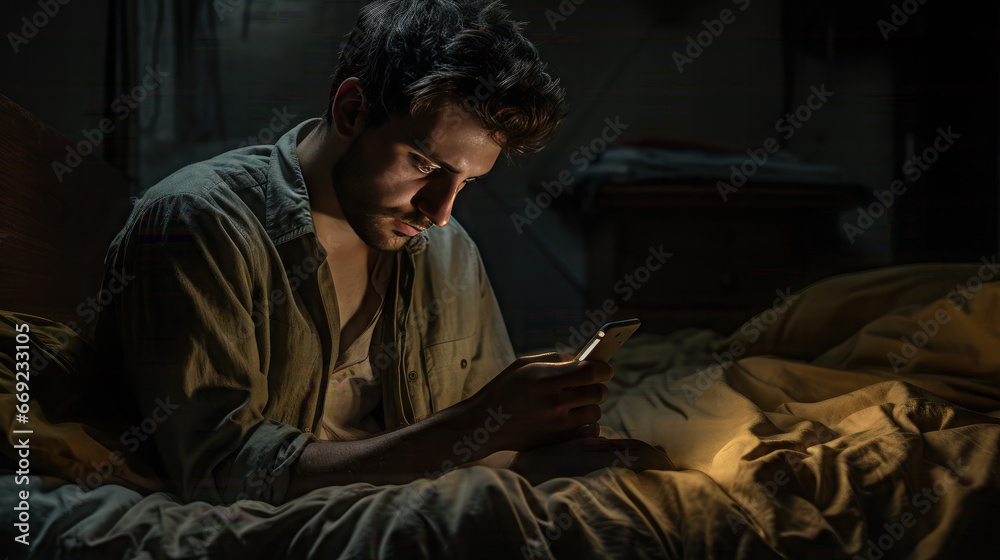 Sad Exhausted Young Man In her Bed Staring At Smartphone Screen, can't Sleep. Life Apathy.