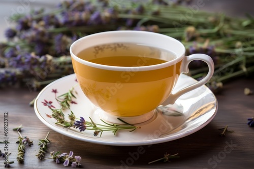 A calming blend of chamomile and lavender tea in a fine porcelain cup with accompanying herbs