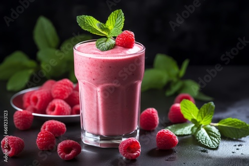 Macro shot of a creamy raspberry smoothie adorned with fresh raspberries and mint leaves