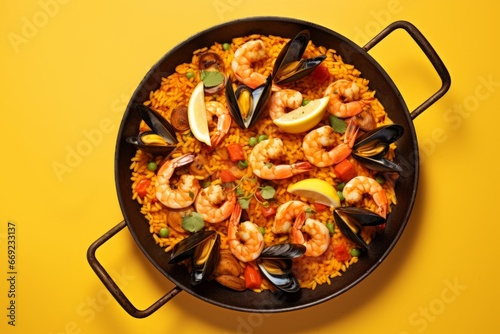 Traditional Spanish seafood paella with rice, mussels, shrimps in a pan on yellow background