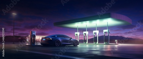 A sleek electric vehicle charging station beneath a luminescent evening sky.