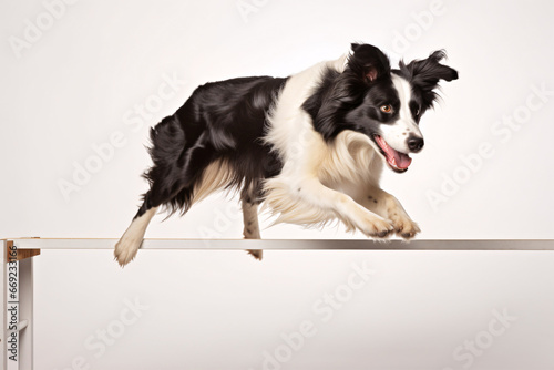 An isolated, white-backgrounded border collie leaps over a blockade.