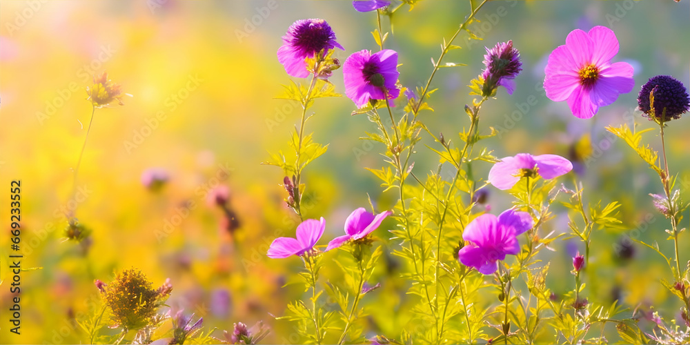Beautiful meadow with colorful flowers in the sunlight. Nature background
