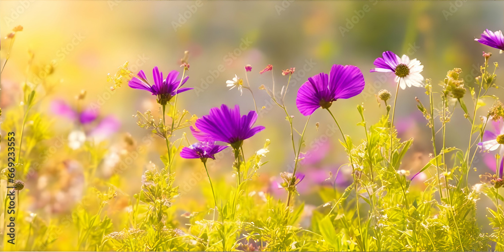Beautiful meadow with colorful flowers in the sunlight. Nature background