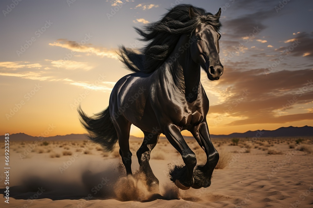 Black horse galloping