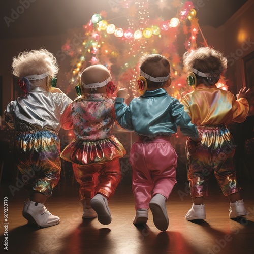 Baby Go, Funny Kids Expression, Playing Babies one year old Children parting hard. Retro style dressing. photo